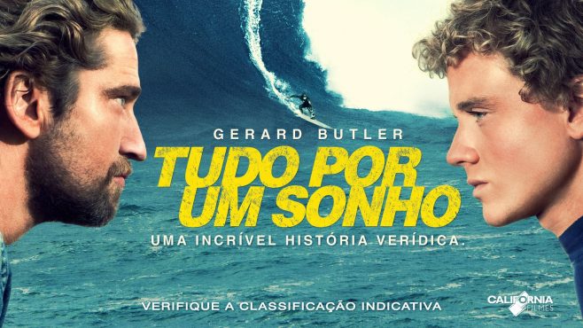 Dia internacional do surf: Cartaz do filme "tudo por um sonho", com os dois atores principais de perfil e o mar com a onda ao fundo.