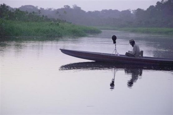 Fica Goiás: cena do filme italiano "Coros do Anoitecer" em que mostra uma pessoa em uma canoa no meio de um rio ou lago, com as margens próximas, ao anoitecer.