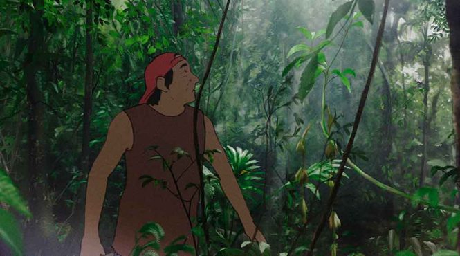 Fica Goiás: cena do curta de animação "plantae" com um rapaz de boné virado pra trás, no meio da floresta