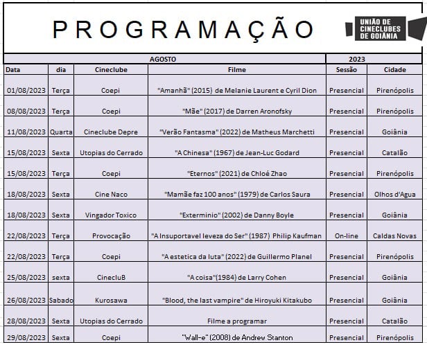 Programação dos Cineclubes de Agosto 2023