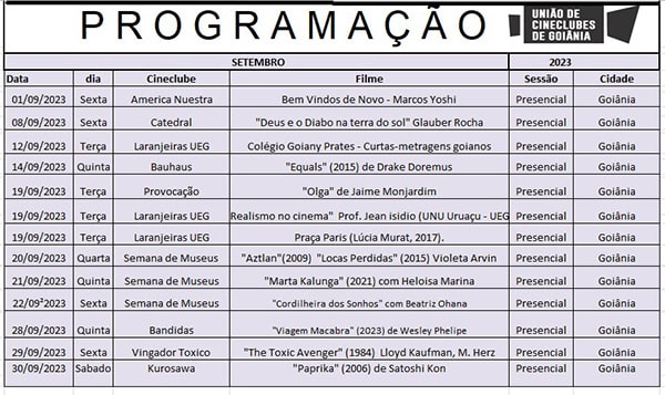 Programação dos Cineclubes em Setembro de 2023