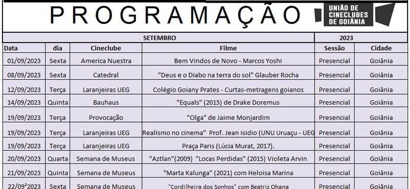 Programação dos Cineclubes em Setembro de 2023