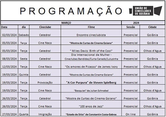 Programação de Cineclubes Março de 2024