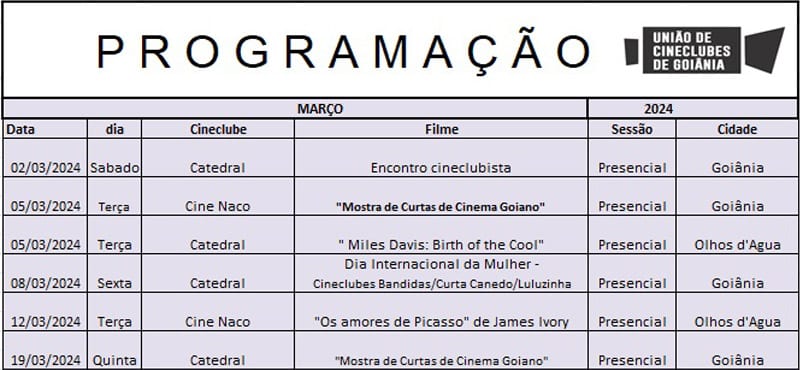 Programação de Cineclubes Março de 2024