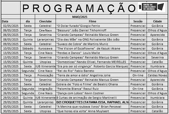 Programação de Maio dos Cineclubes Goiás