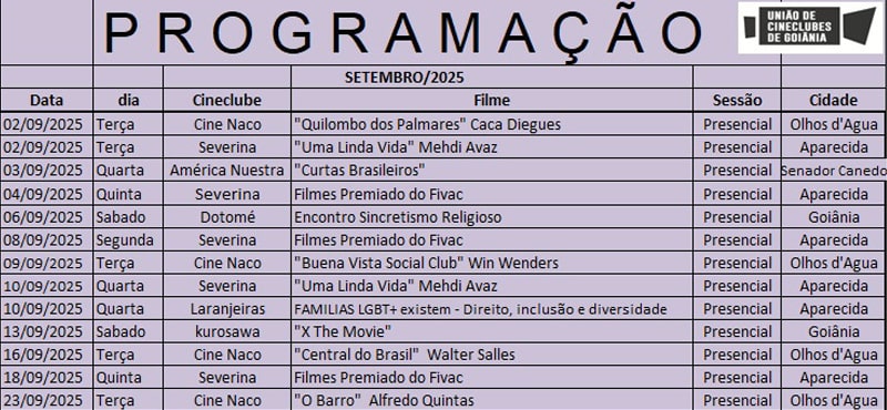 Programação de Setembro dos Cineclubes Goianos